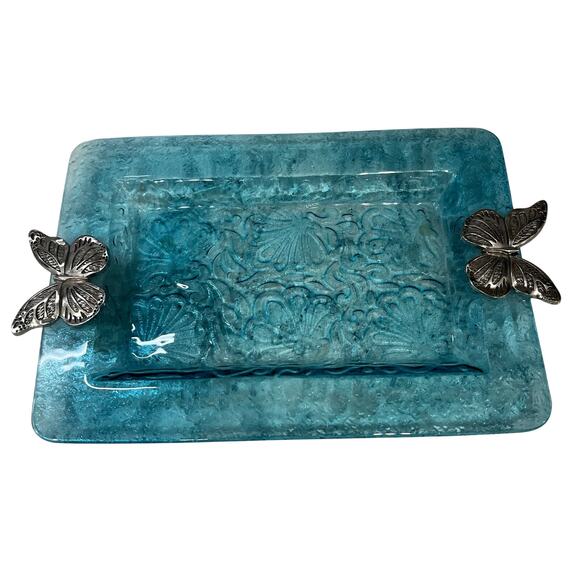 Ocean Blue Embossed Glass With Pewter Butterfly Handles Serving Tray - Picture 1 of 5
